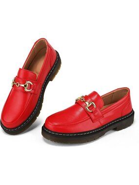🆕 Women's Red Smooth Bit Loafers - Low Heel Comfort Casual Lug Sole Shoes